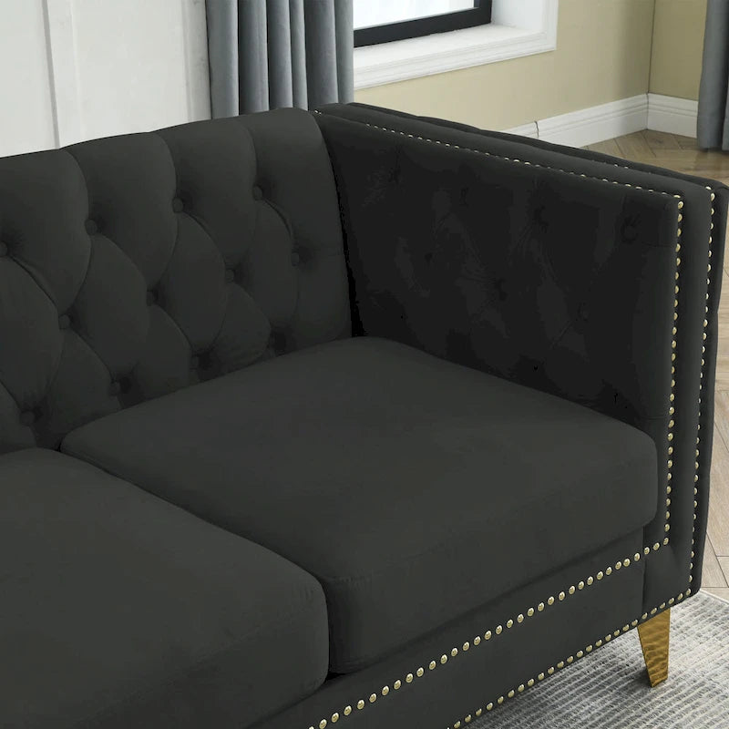 Black 82.2 Velvet Chesterfield L-Shaped 5-Seater Sectional Sofa with Nailhead Trim, Metal Legs, and Tufted Cushions