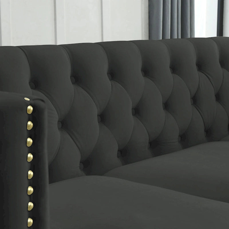 Black 82.2 Velvet Chesterfield L-Shaped 5-Seater Sectional Sofa with Nailhead Trim, Metal Legs, and Tufted Cushions