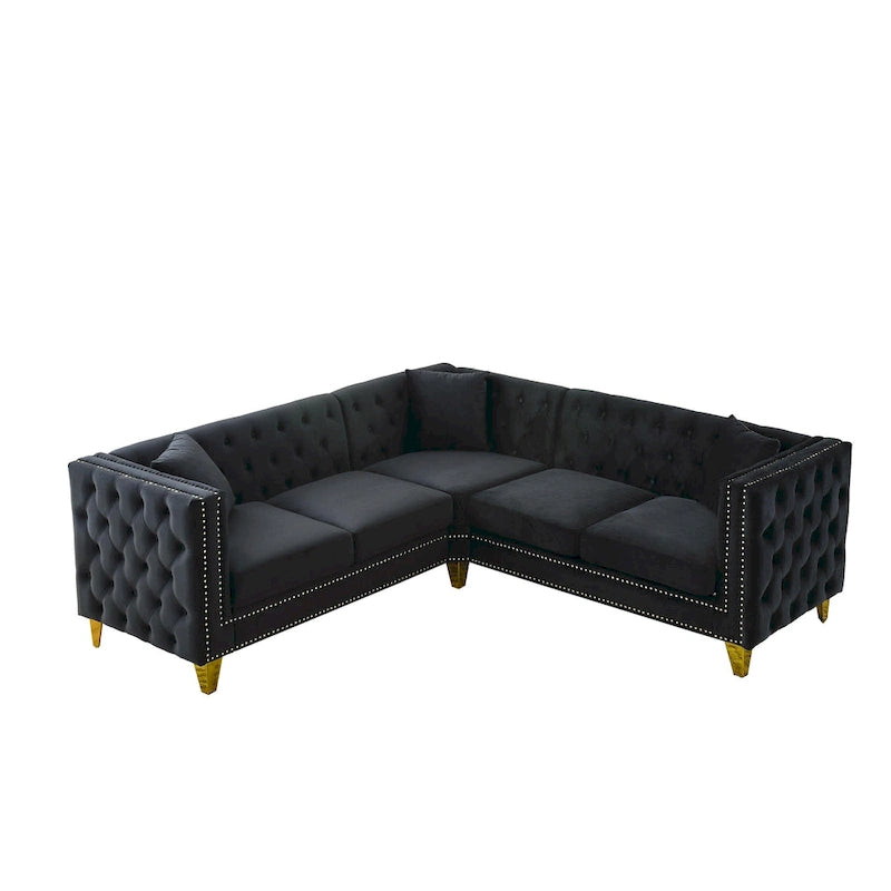 Black 82.2 Velvet Chesterfield L-Shaped 5-Seater Sectional Sofa with Nailhead Trim, Metal Legs, and Tufted Cushions