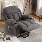 Grey Electric Power Lift Recliner featuring Heating, Massage, USB Port, Side Pockets, and Remote Control Functionality