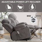 Grey Electric Power Lift Recliner featuring Heating, Massage, USB Port, Side Pockets, and Remote Control Functionality