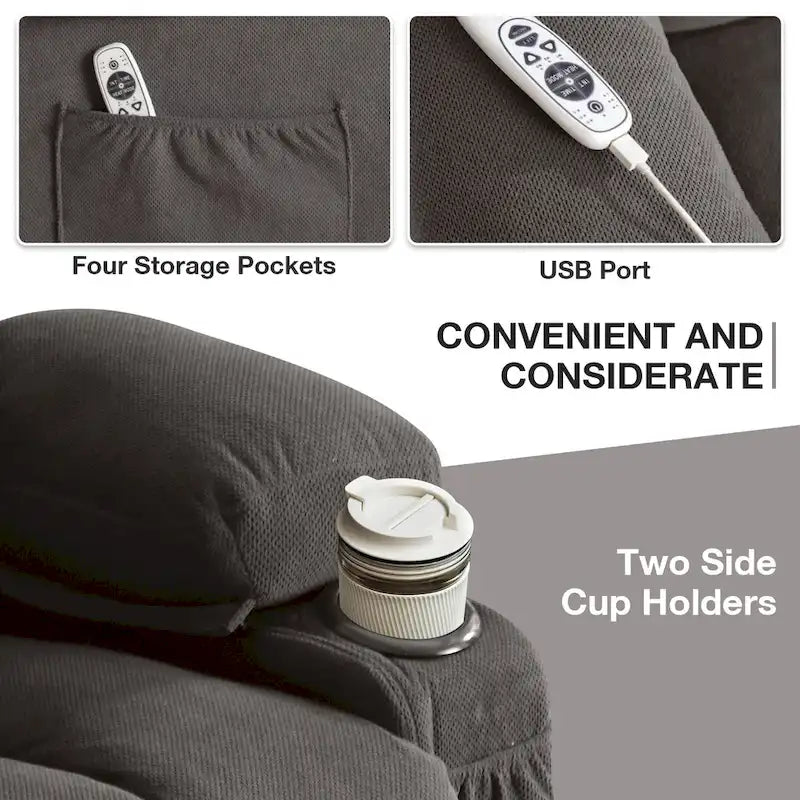 Grey Electric Power Lift Recliner featuring Heating, Massage, USB Port, Side Pockets, and Remote Control Functionality