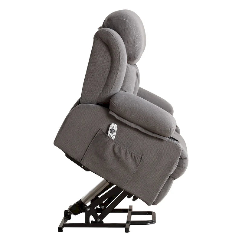 Grey Electric Power Lift Recliner featuring Heating, Massage, USB Port, Side Pockets, and Remote Control Functionality