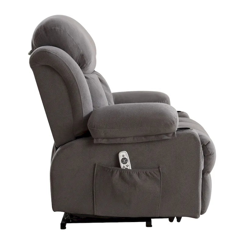 Grey Electric Power Lift Recliner featuring Heating, Massage, USB Port, Side Pockets, and Remote Control Functionality
