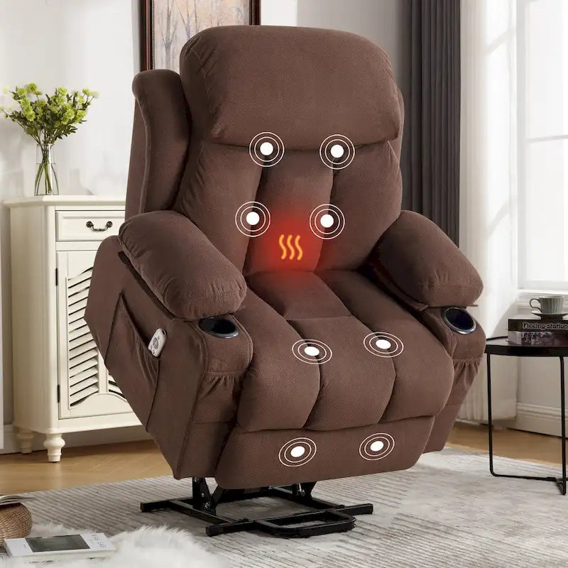 Grey Electric Power Lift Recliner featuring Heating, Massage, USB Port, Side Pockets, and Remote Control Functionality