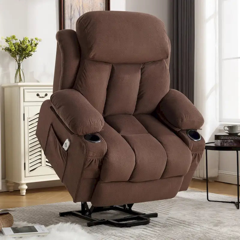 Grey Electric Power Lift Recliner featuring Heating, Massage, USB Port, Side Pockets, and Remote Control Functionality