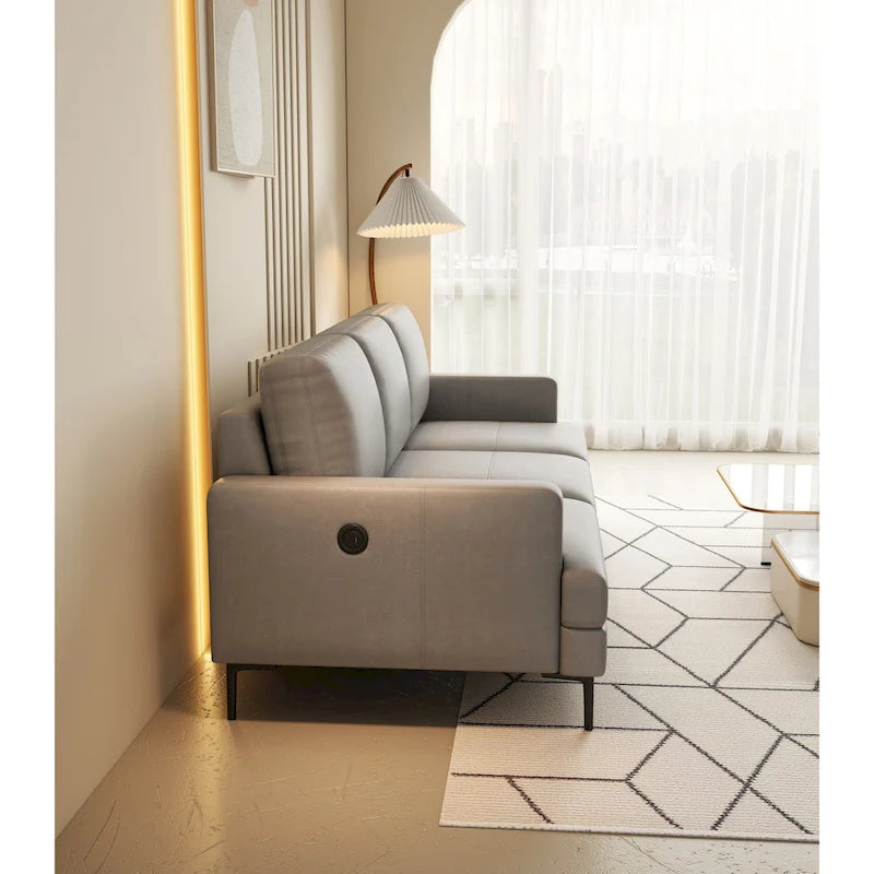 Light Gray Luxury 77 Genuine Leather 3-seater Sofa with USB Charger for Living Room