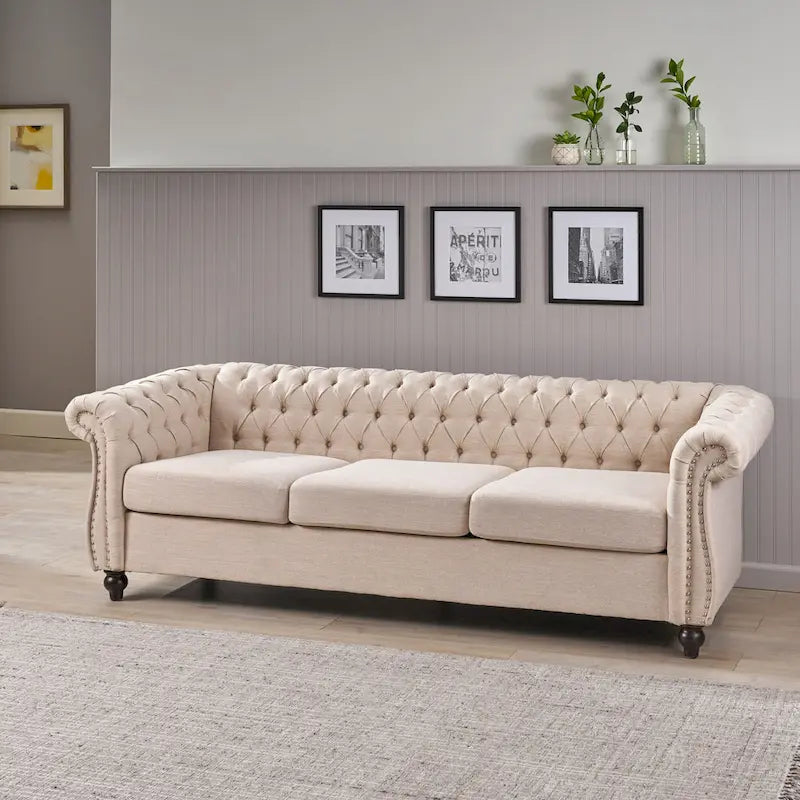 Beige Chesterfield Button Tufted 3-seater Sofa with Nailheads