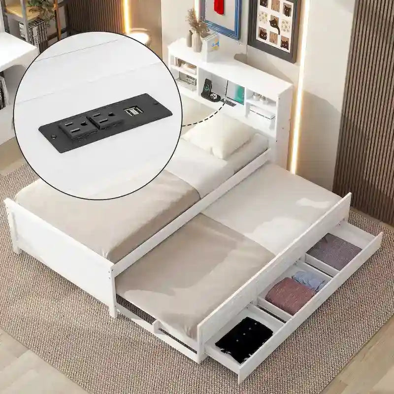 Pine Wood Platform Bed Frame with 3 Drawers & Trundle