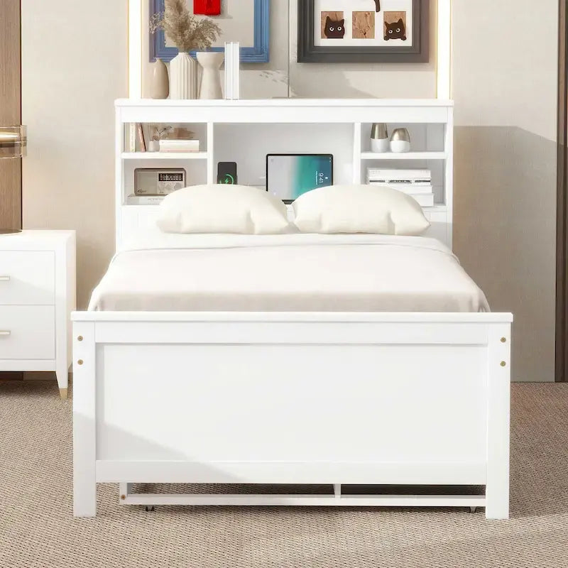 Pine Wood Platform Bed Frame with 3 Drawers & Trundle