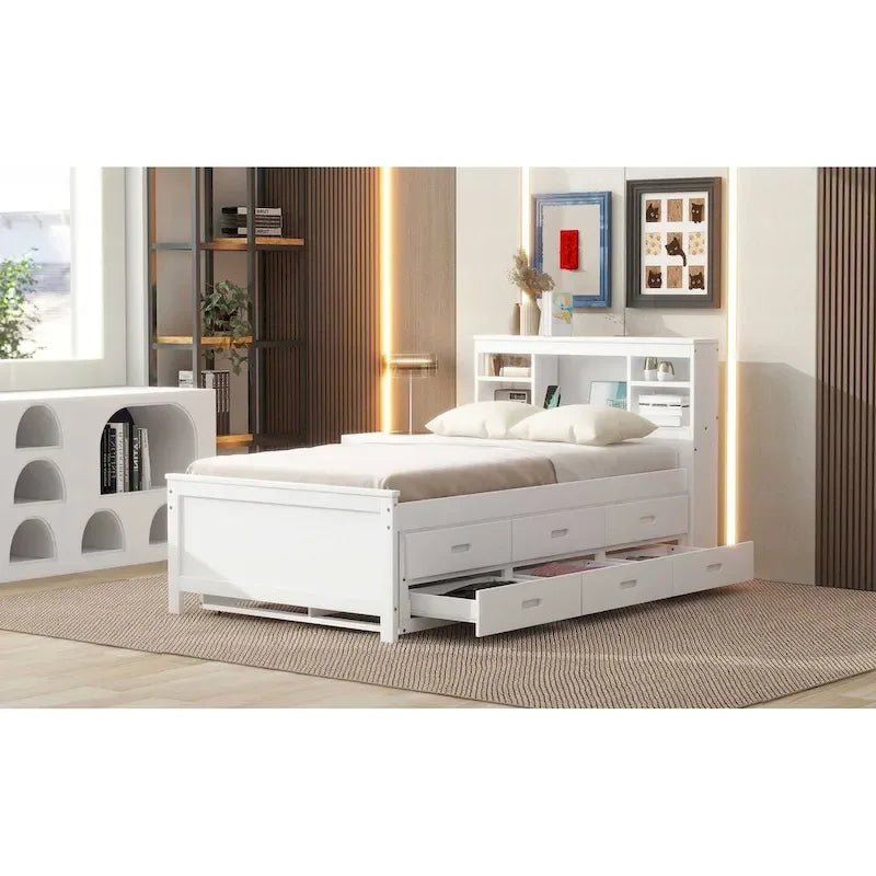 Pine Wood Platform Bed Frame with 3 Drawers & Trundle