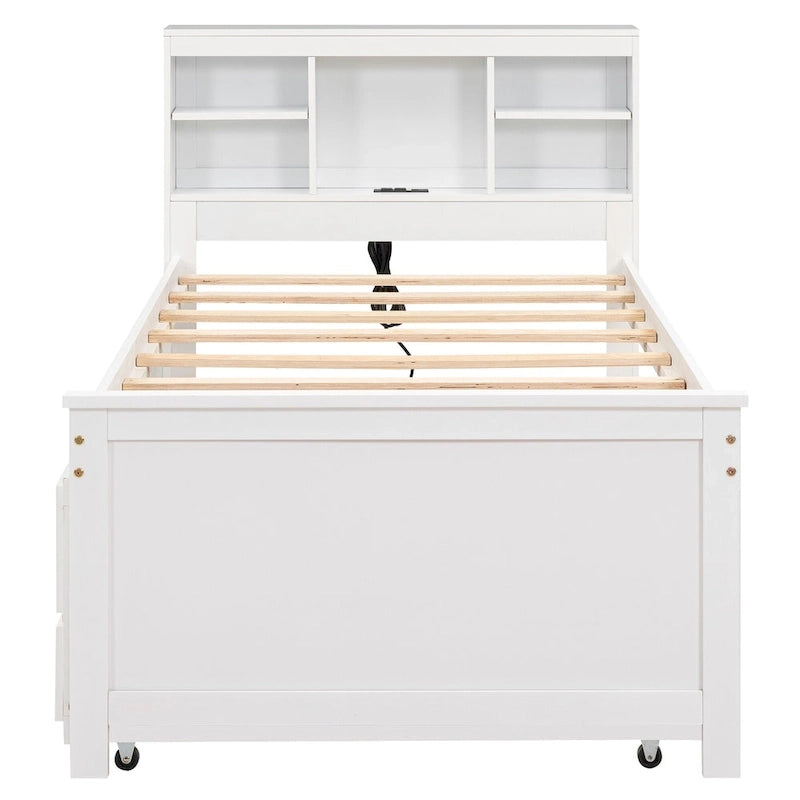 Pine Wood Platform Bed Frame with 3 Drawers & Trundle