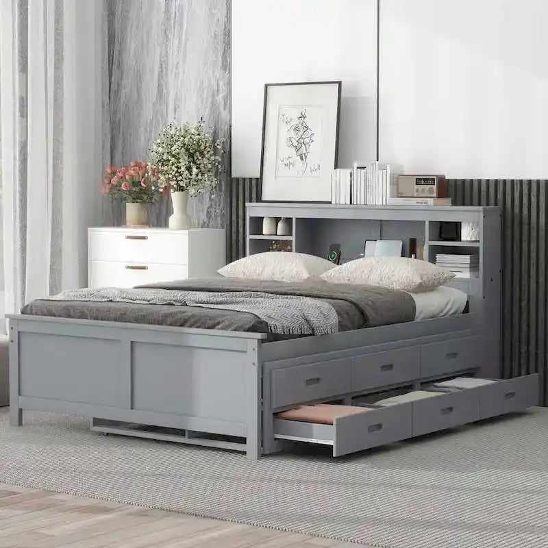 Pine Wood Platform Bed Frame with 3 Drawers & Trundle