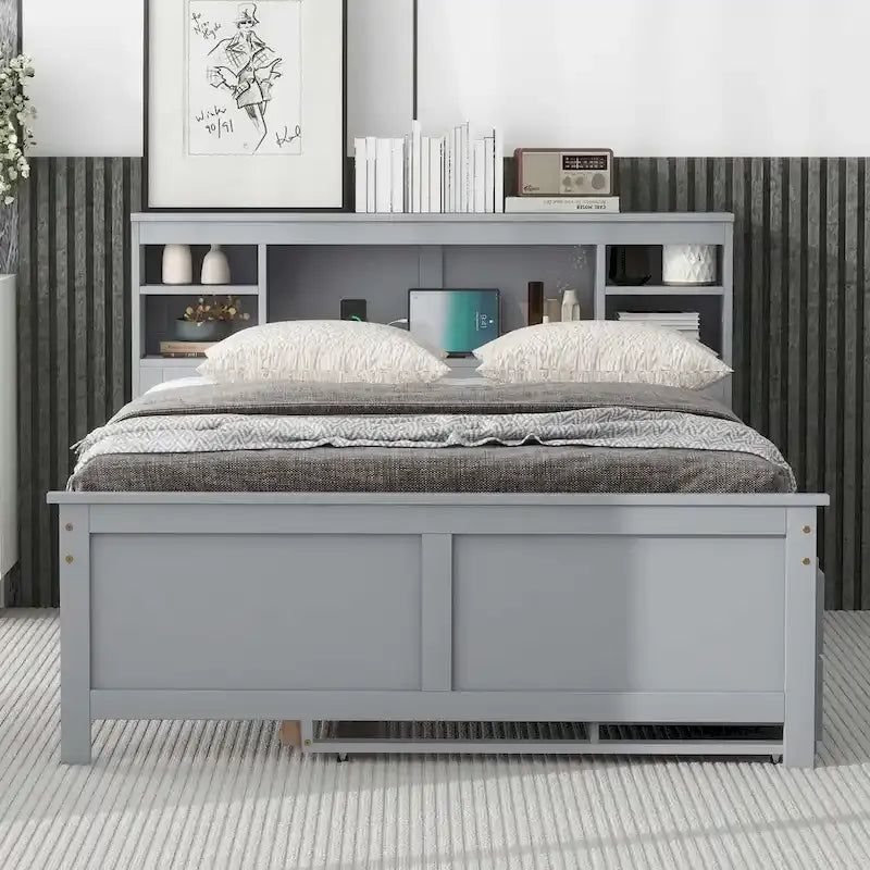 Pine Wood Platform Bed Frame with 3 Drawers & Trundle