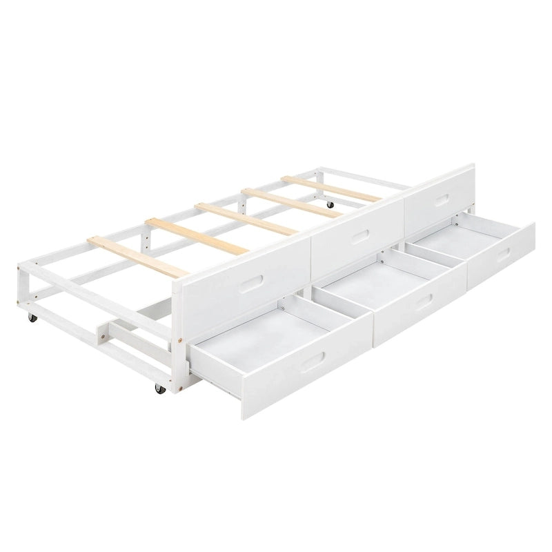 Pine Wood Platform Bed Frame with 3 Drawers & Trundle