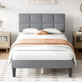 Linen Upholstered Platform Bed with Adjustable Headboard and Wooden Slats
