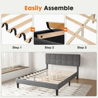 Linen Upholstered Platform Bed with Adjustable Headboard and Wooden Slats
