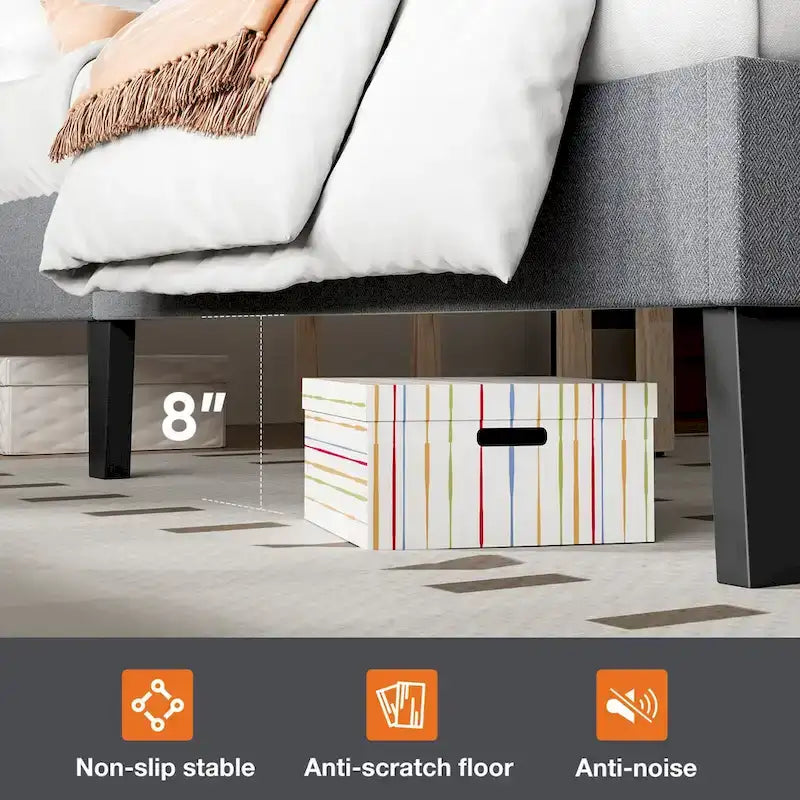 Linen Upholstered Platform Bed with Adjustable Headboard and Wooden Slats