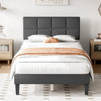 Linen Upholstered Platform Bed with Adjustable Headboard and Wooden Slats