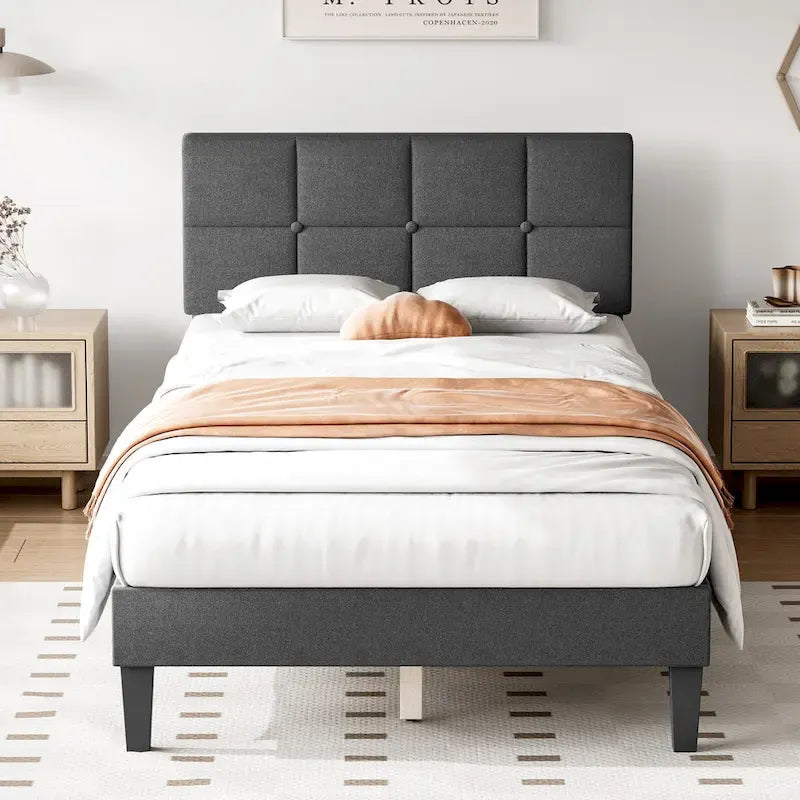 Linen Upholstered Platform Bed with Adjustable Headboard and Wooden Slats