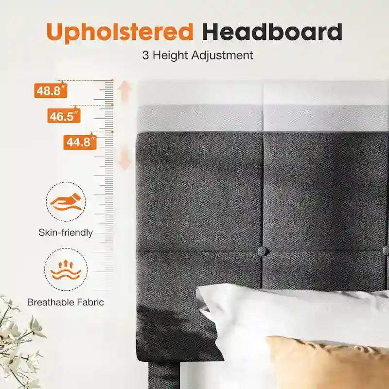 Linen Upholstered Platform Bed with Adjustable Headboard and Wooden Slats