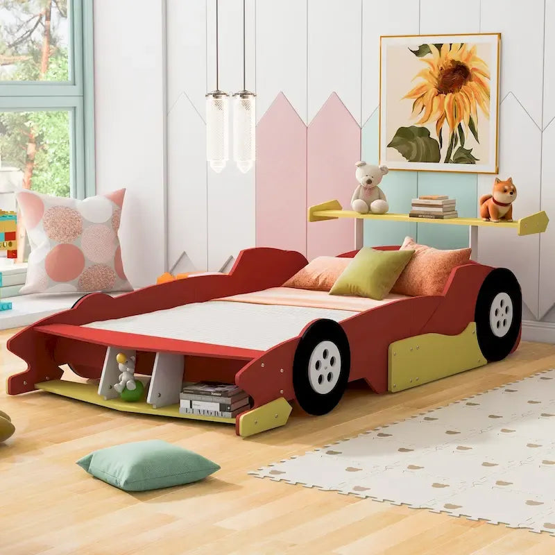 Full Size Wooden Race Car-Shaped Bed Frame with Guardrail
