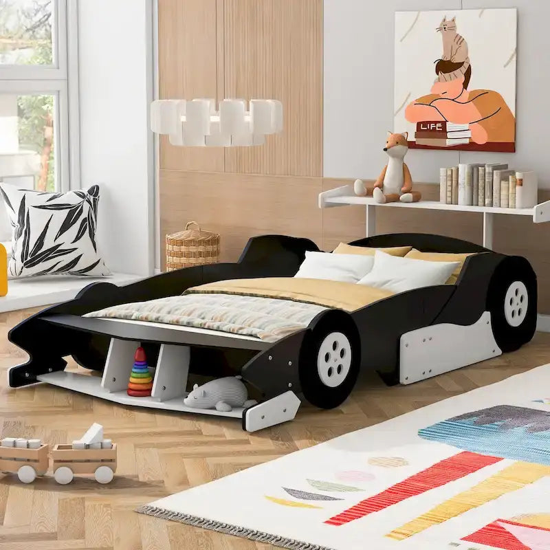 Full Size Wooden Race Car-Shaped Bed Frame with Guardrail