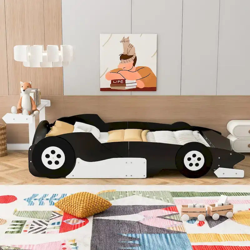 Full Size Wooden Race Car-Shaped Bed Frame with Guardrail