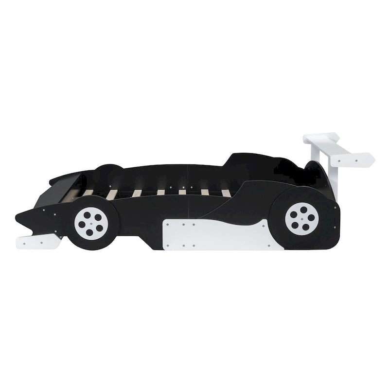 Full Size Wooden Race Car-Shaped Bed Frame with Guardrail