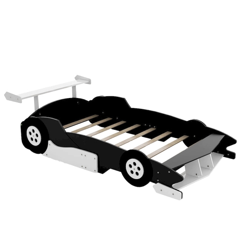 Full Size Wooden Race Car-Shaped Bed Frame with Guardrail