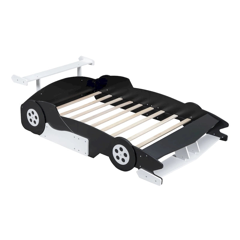 Full Size Wooden Race Car-Shaped Bed Frame with Guardrail