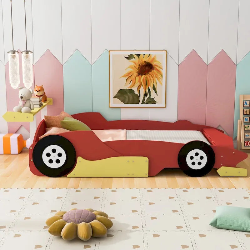 Full Size Wooden Race Car-Shaped Bed Frame with Guardrail