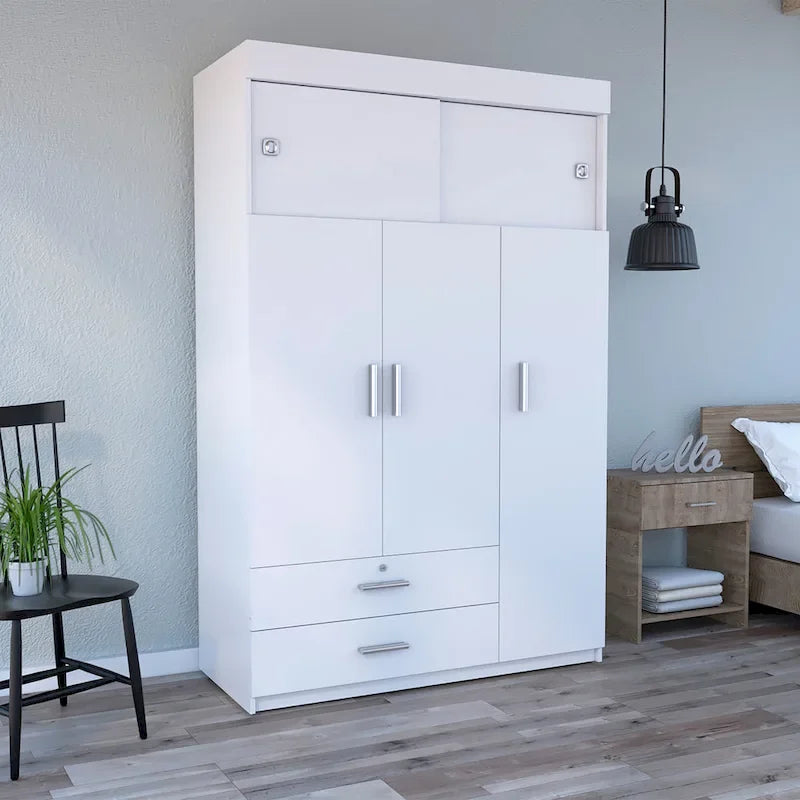 47.2 Modern Three-door Armoire with Hanging Rods, Two Drawers and Two Superior Adjustable Shelves