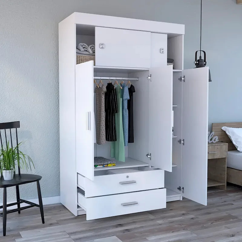 47.2 Modern Three-door Armoire with Hanging Rods, Two Drawers and Two Superior Adjustable Shelves