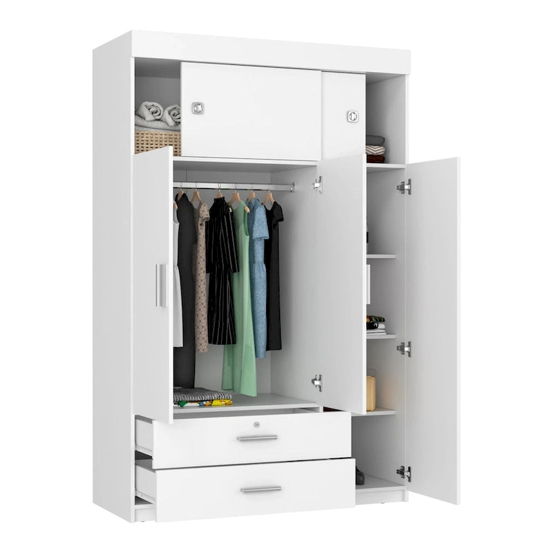 47.2 Modern Three-door Armoire with Hanging Rods, Two Drawers and Two Superior Adjustable Shelves