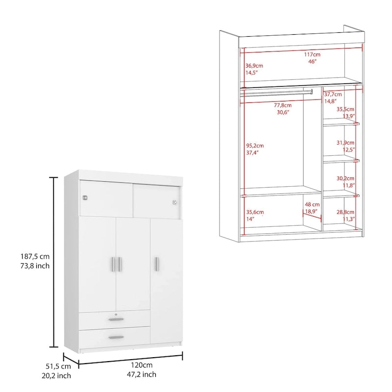 47.2 Modern Three-door Armoire with Hanging Rods, Two Drawers and Two Superior Adjustable Shelves