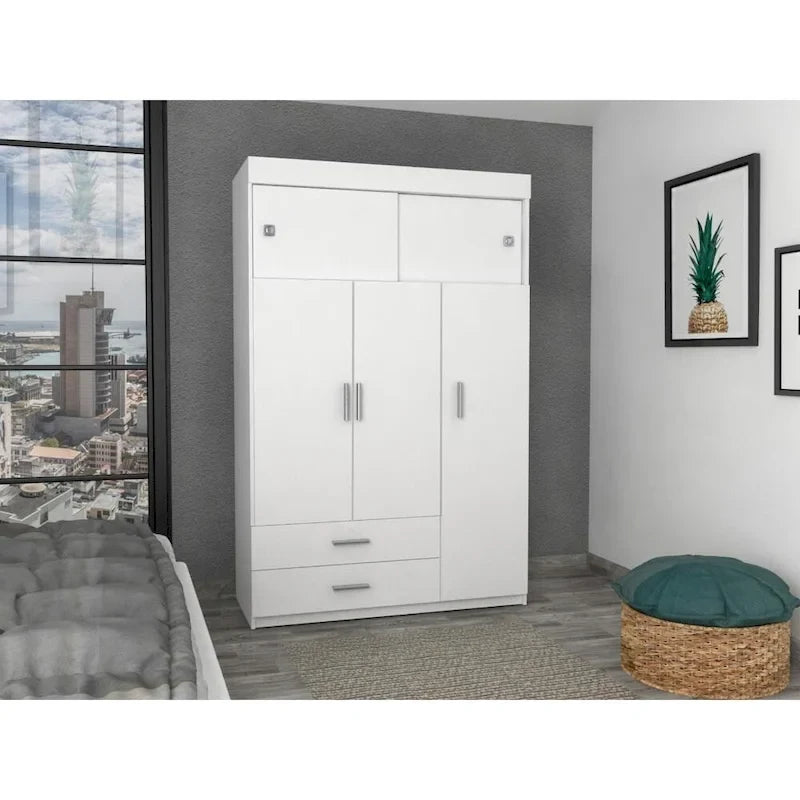 47.2 Modern Three-door Armoire with Hanging Rods, Two Drawers and Two Superior Adjustable Shelves