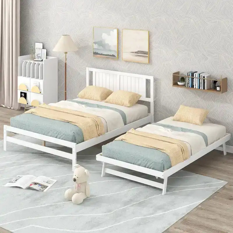 White Full Pine Platform Bed with Adjustable Trundle