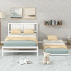 White Full Pine Platform Bed with Adjustable Trundle