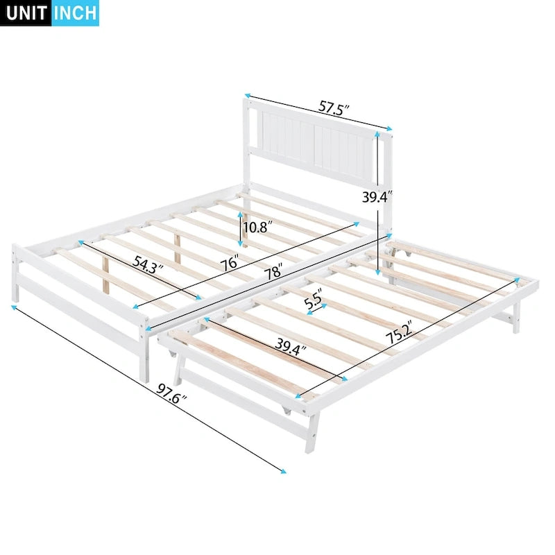 White Full Pine Platform Bed with Adjustable Trundle