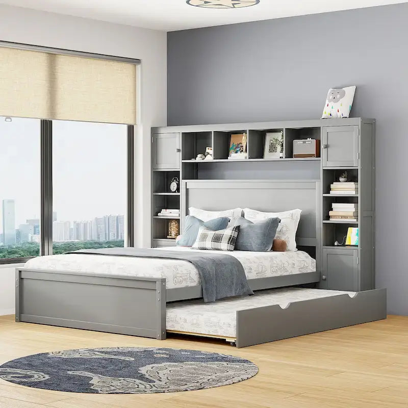 Gray Queen Size Wooden Platform Bed with Cabinet, Shelf, and Sockets