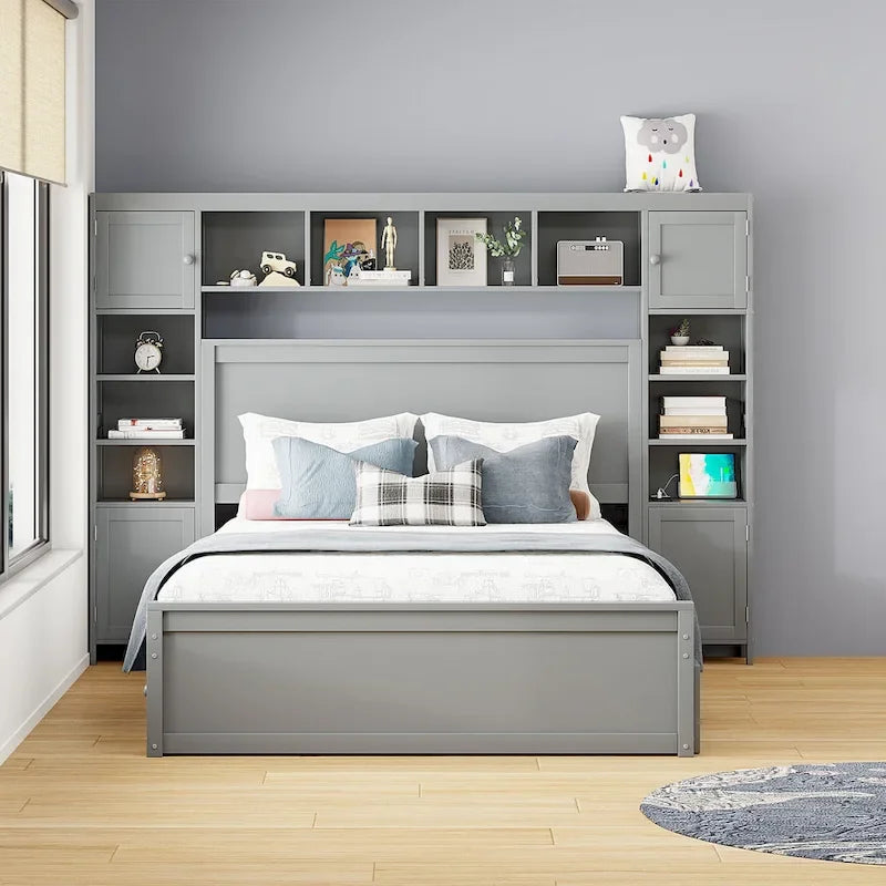 Gray Queen Size Wooden Platform Bed with Cabinet, Shelf, and Sockets