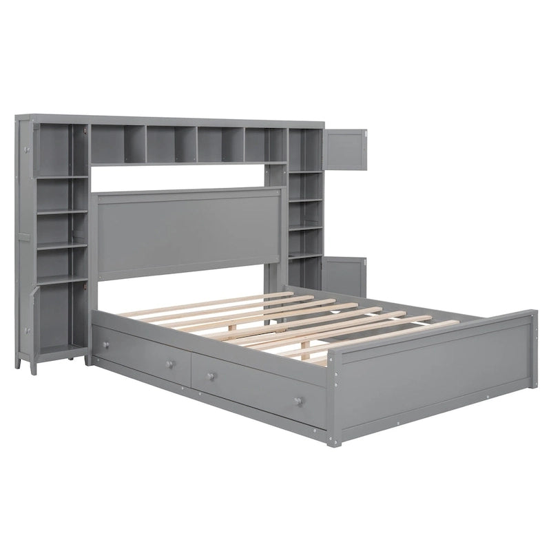 Gray Queen Size Wooden Platform Bed with Cabinet, Shelf, and Sockets