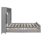 Gray Queen Size Wooden Platform Bed with Cabinet, Shelf, and Sockets