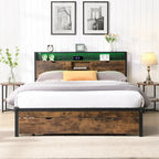 Black Brown King Size Metal Bed with Wooden Headboard and LED Lights