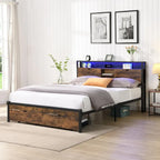 Black Brown King Size Metal Bed with Wooden Headboard and LED Lights