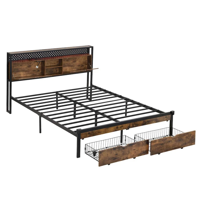Black Brown King Size Metal Bed with Wooden Headboard and LED Lights