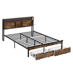 Black Brown King Size Metal Bed with Wooden Headboard and LED Lights