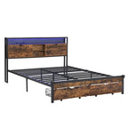 Black Brown King Size Metal Bed with Wooden Headboard and LED Lights