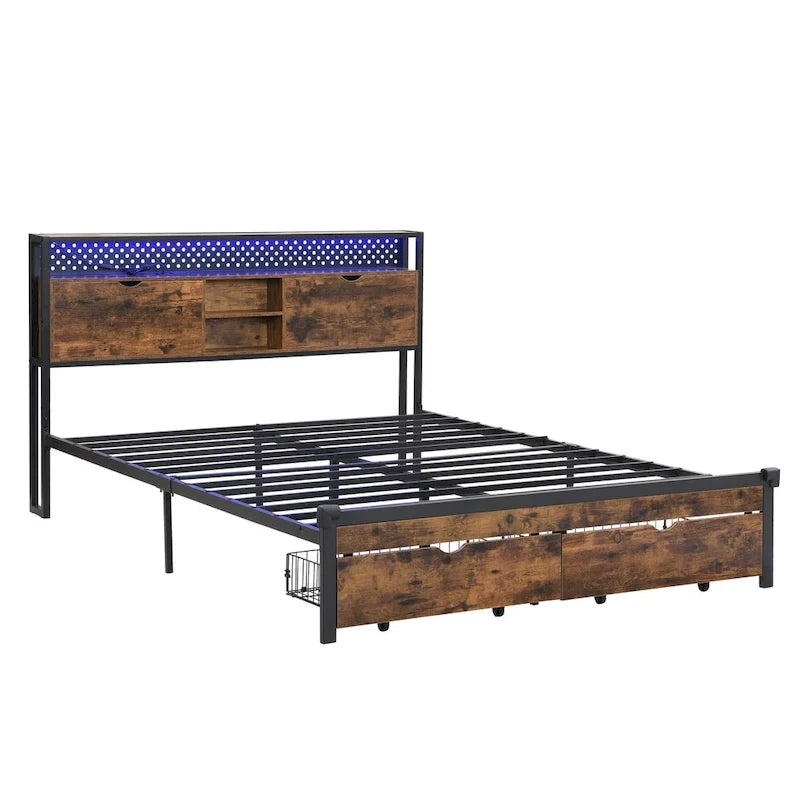 Black Brown King Size Metal Bed with Wooden Headboard and LED Lights